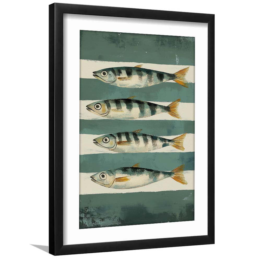 Sardines Fish Oil Painted Print, Retro Modern Food Home Decor Art Print, Framed Art Print, White Border