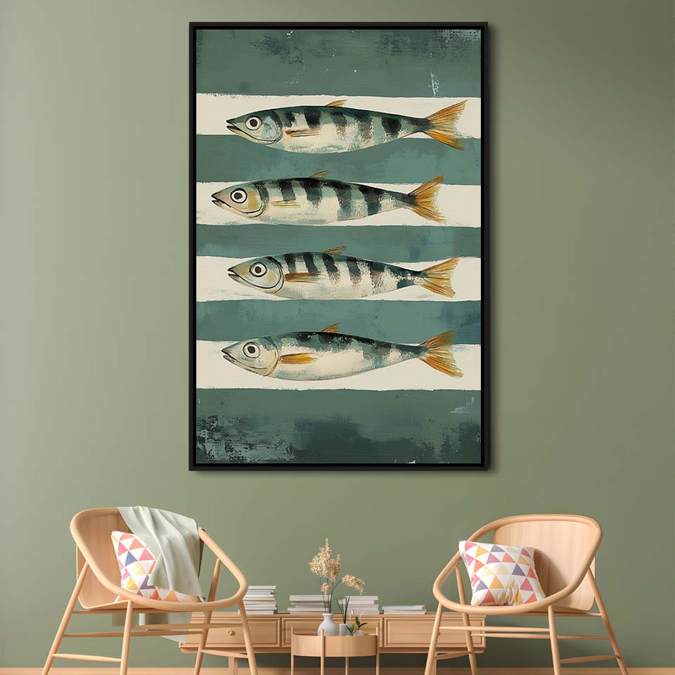 Sardines Fish Oil Painted Print, Retro Modern Food Home Decor Art Print, Framed Canvas Print, Floating Frame