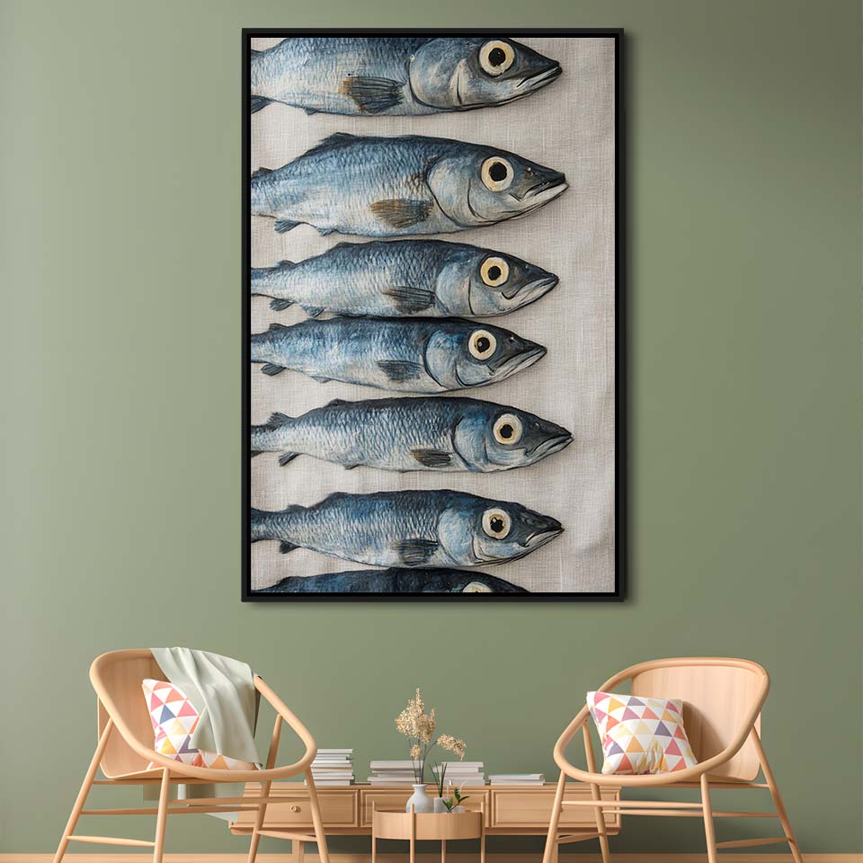 Sardines Oil Painting Art Print, Sardine Art Still Life, French Kitchen Art, Framed Canvas Print, Floating Frame
