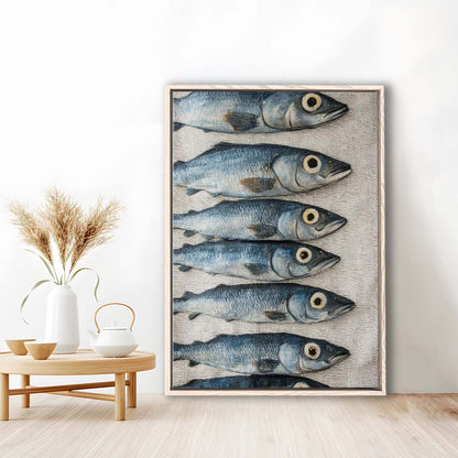 Sardines Oil Painting Art Print, Sardine Art Still Life, French Kitchen Art, Framed Canvas Print, Floating Frame