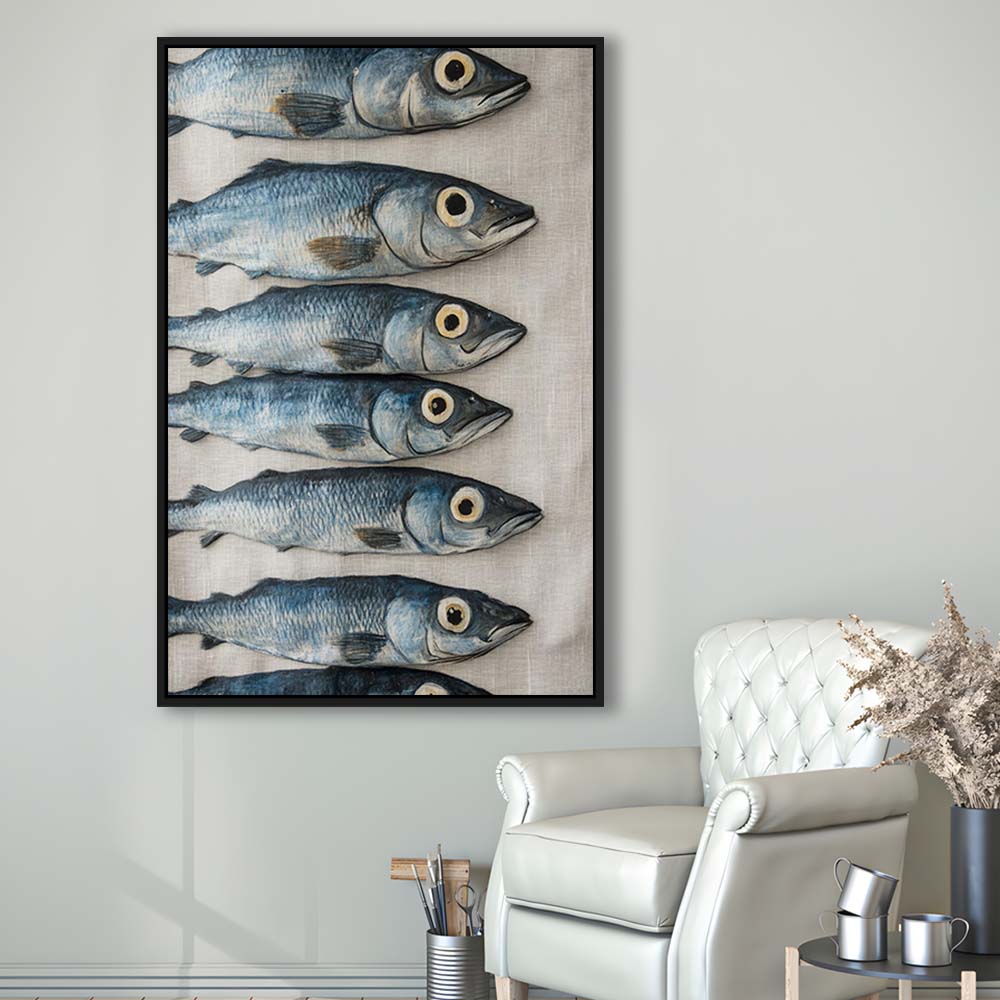Sardines Oil Painting Art Print, Sardine Art Still Life, French Kitchen Art, Framed Canvas Print, Floating Frame