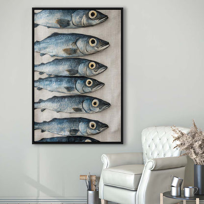 Sardines Oil Painting Art Print, Sardine Art Still Life, French Kitchen Art, Framed Canvas Print, Floating Frame