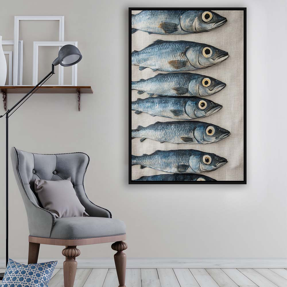 Sardines Oil Painting Art Print, Sardine Art Still Life, French Kitchen Art, Framed Canvas Print, Floating Frame