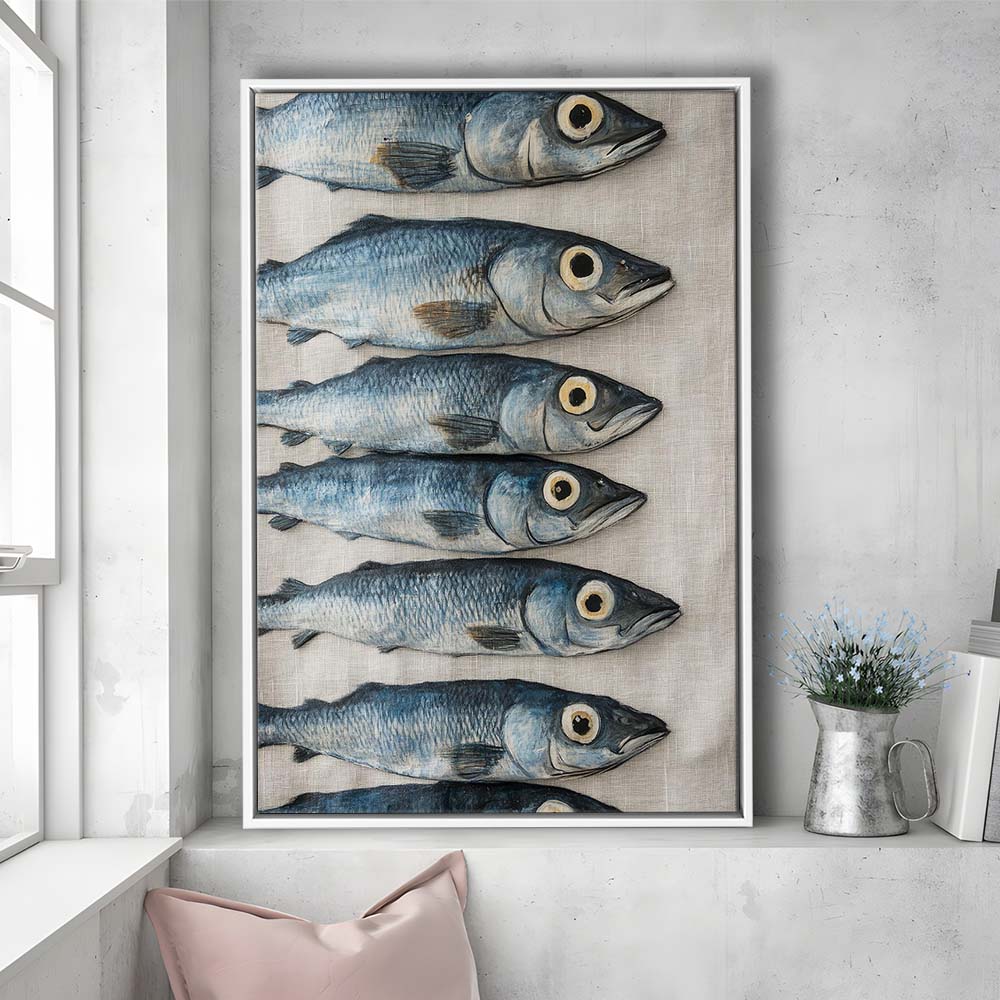 Sardines Oil Painting Art Print, Sardine Art Still Life, French Kitchen Art, Framed Canvas Print, Floating Frame