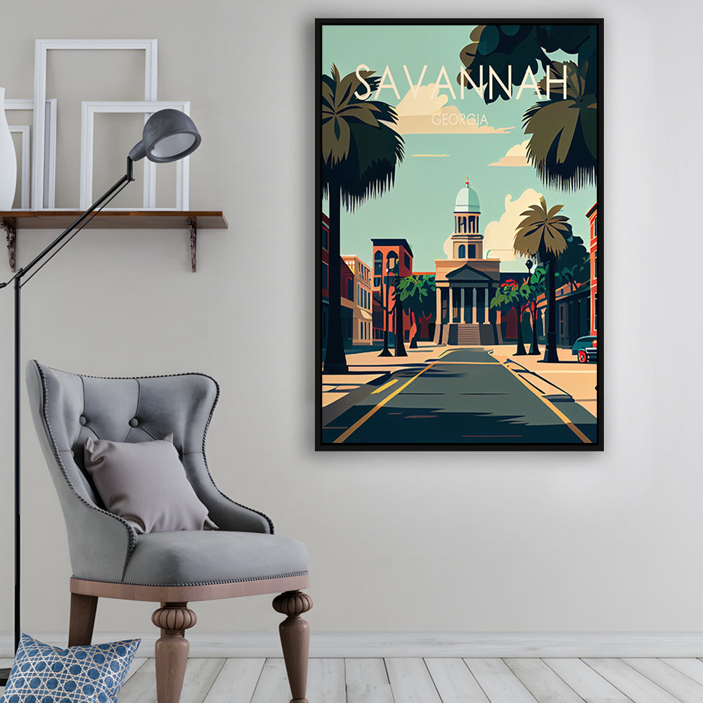 Savannah Georgia Retro Art Print, Savannah City Wall Art, Floating Framed Canvas Print, Framed Picture, Painting Canvas