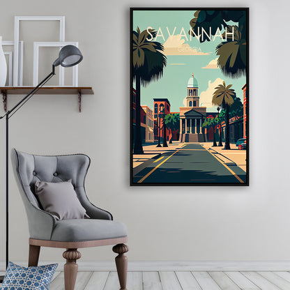 Savannah Georgia Retro Art Print, Savannah City Wall Art, Floating Framed Canvas Print, Framed Picture, Painting Canvas