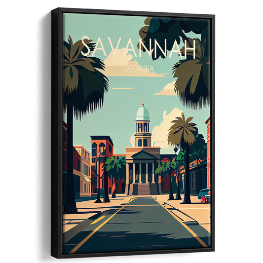 Savannah Georgia Retro Art Print, Savannah City Wall Art, Floating Framed Canvas Print, Framed Picture, Painting Canvas