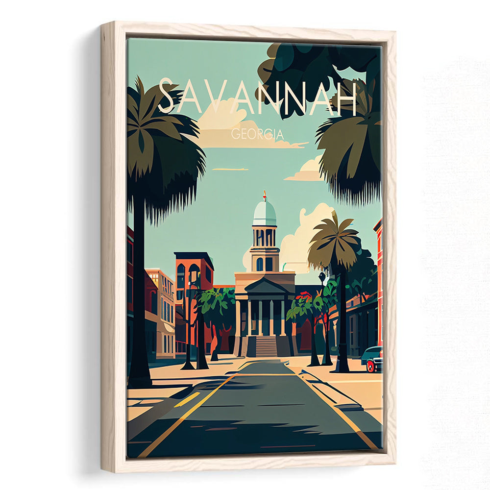 Savannah Georgia Retro Art Print, Savannah City Wall Art, Floating Framed Canvas Print, Framed Picture, Painting Canvas