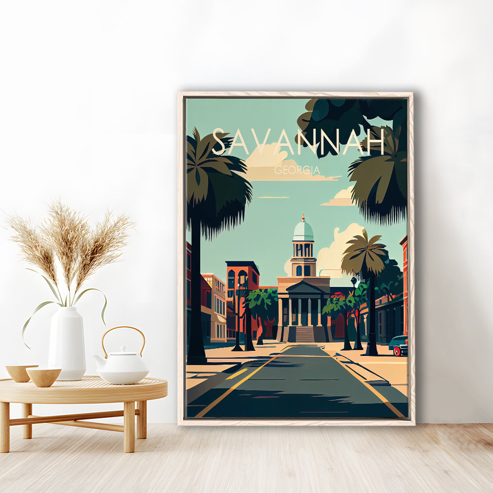 Savannah Georgia Retro Art Print, Savannah City Wall Art, Floating Framed Canvas Print, Framed Picture, Painting Canvas