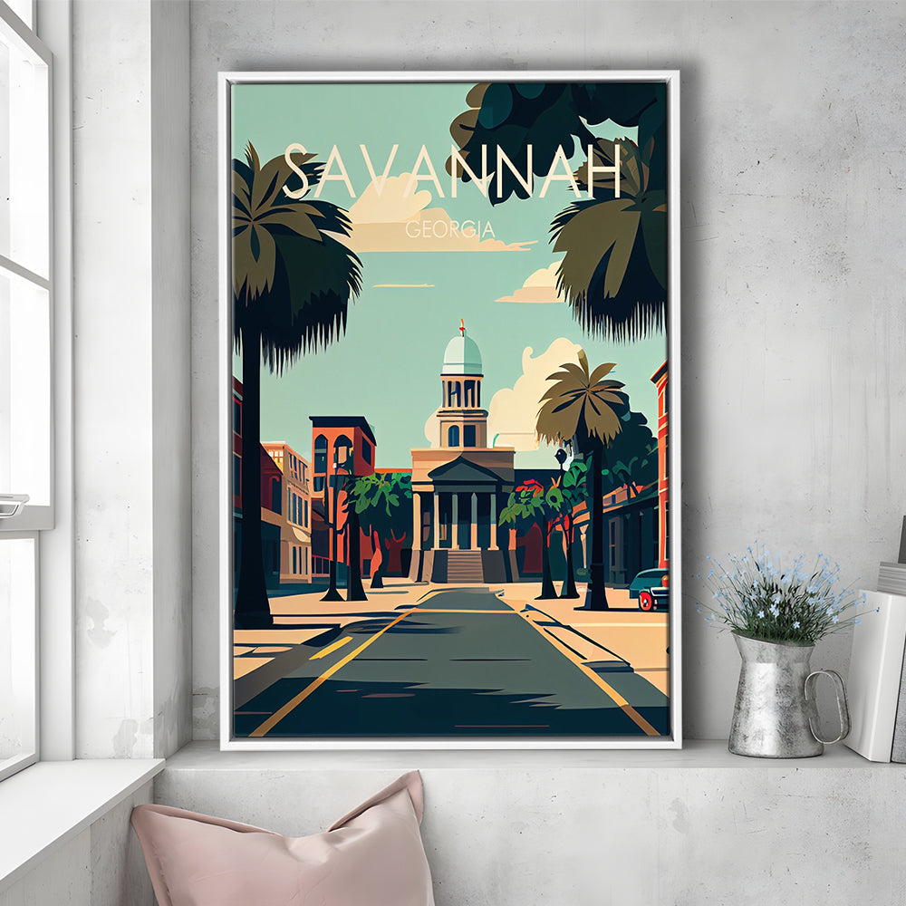 Savannah Georgia Retro Art Print, Savannah City Wall Art, Floating Framed Canvas Print, Framed Picture, Painting Canvas