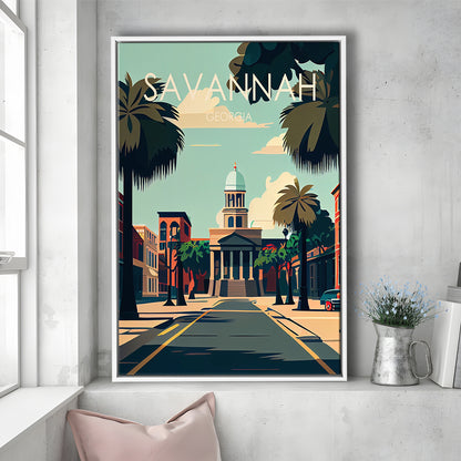 Savannah Georgia Retro Art Print, Savannah City Wall Art, Floating Framed Canvas Print, Framed Picture, Painting Canvas
