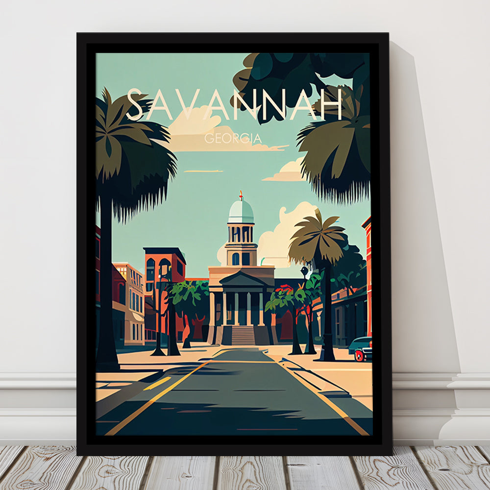 Savannah Georgia Retro Art Print, Savannah City Wall Art, Floating Framed Canvas Print, Framed Picture, Painting Canvas