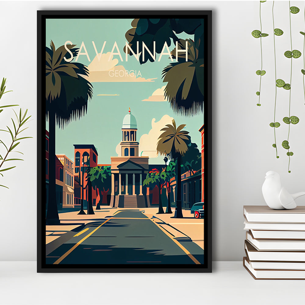 Savannah Georgia Retro Art Print, Savannah City Wall Art, Floating Framed Canvas Print, Framed Picture, Painting Canvas