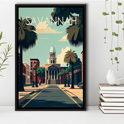 Savannah Georgia Retro Art Print, Savannah City Wall Art, Floating Framed Canvas Print, Framed Picture, Painting Canvas