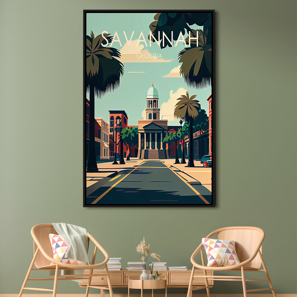 Savannah Georgia Retro Art Print, Savannah City Wall Art, Floating Framed Canvas Print, Framed Picture, Painting Canvas