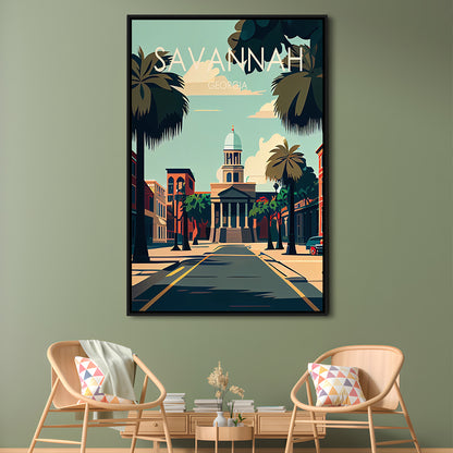 Savannah Georgia Retro Art Print, Savannah City Wall Art, Floating Framed Canvas Print, Framed Picture, Painting Canvas