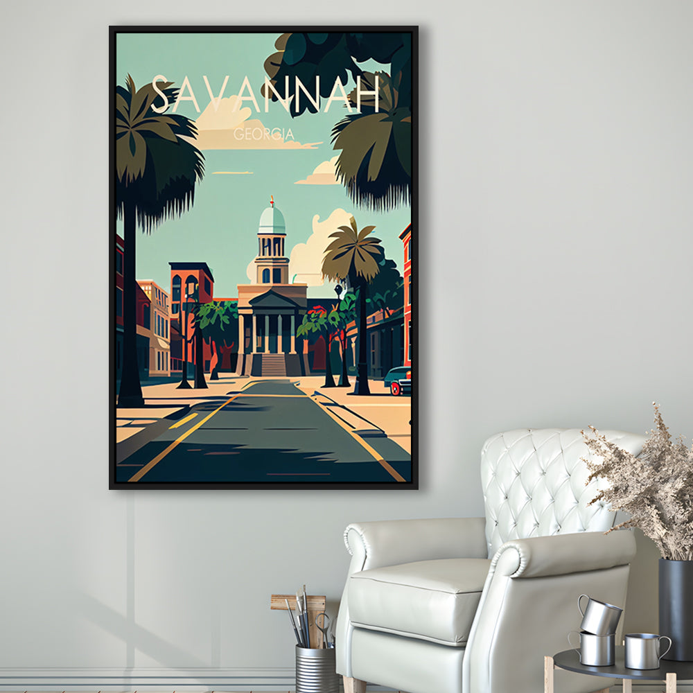 Savannah Georgia Retro Art Print, Savannah City Wall Art, Floating Framed Canvas Print, Framed Picture, Painting Canvas