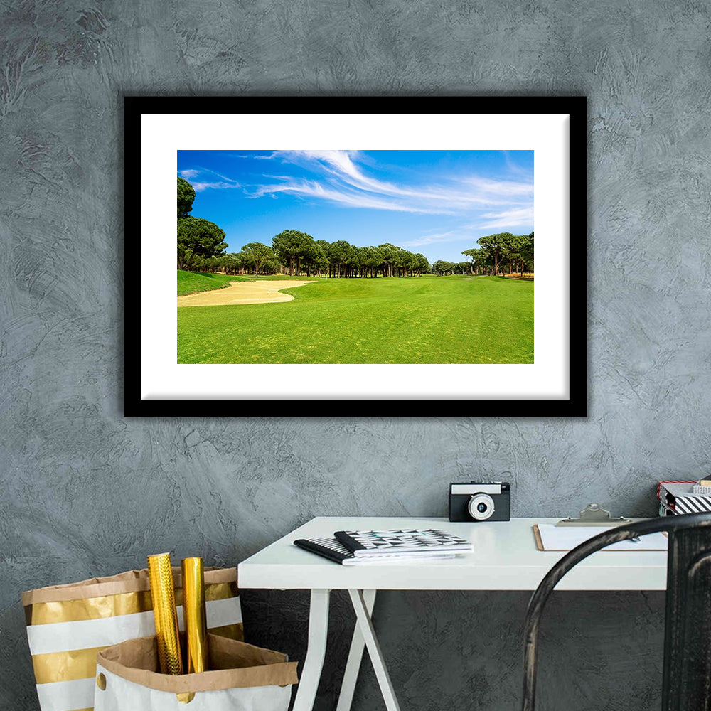 Scenic Panoramic View Of Golf Fairway At The Golf, Goft Art Print, Framed Art Print White Border Wall Decor