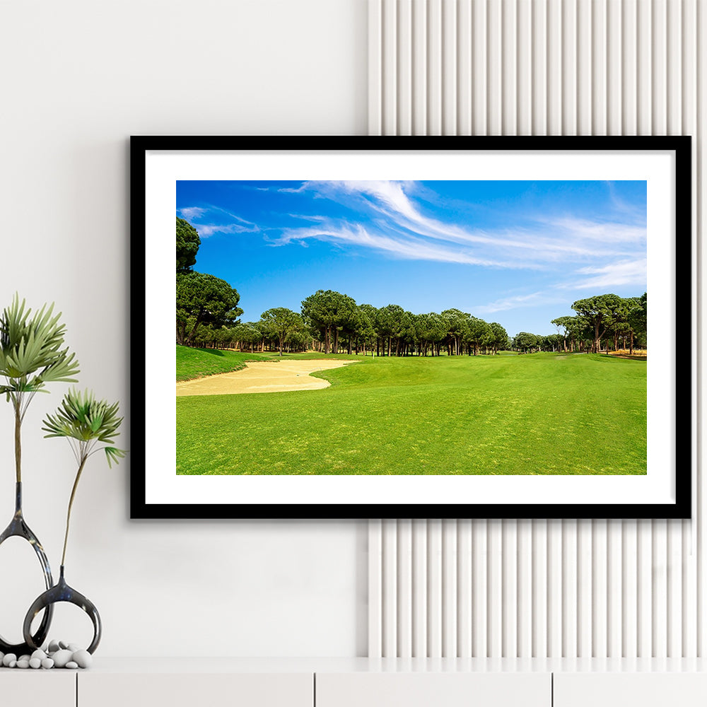 Scenic Panoramic View Of Golf Fairway At The Golf, Goft Art Print, Framed Art Print White Border Wall Decor
