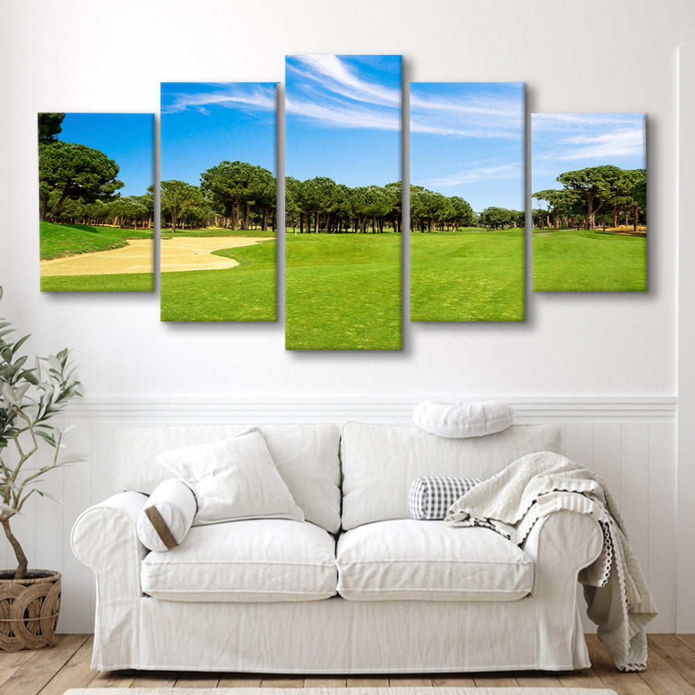 Scenic Panoramic View Of Golf Fairway At The Golf, Golf Art Print, 5 Pieces Mixed Canvas Print Wall Art