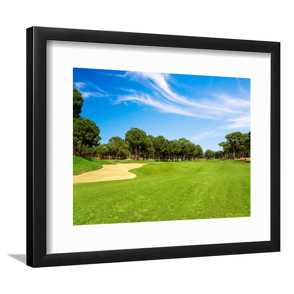 Scenic Panoramic View Of Golf Fairway At The Golf, Goft Art Print, Framed Art Print White Border Wall Decor