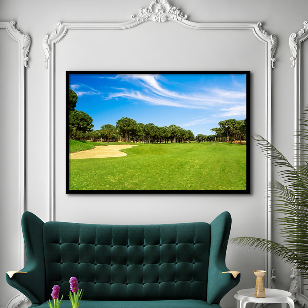 Scenic Panoramic View Of Golf Fairway At The Golf, Framed Art Print Wall Decor, Picture Framed