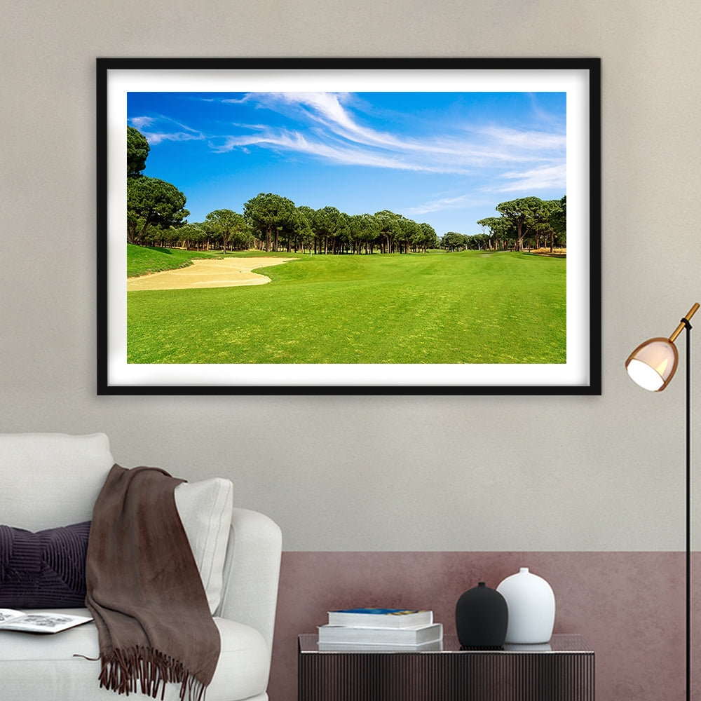 Scenic Panoramic View Of Golf Fairway At The Golf, Goft Art Print, Framed Art Print White Border Wall Decor