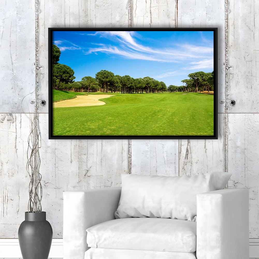 Scenic Panoramic View Of Golf Fairway At The Golf, Floating Framed Canvas Print Wall Art