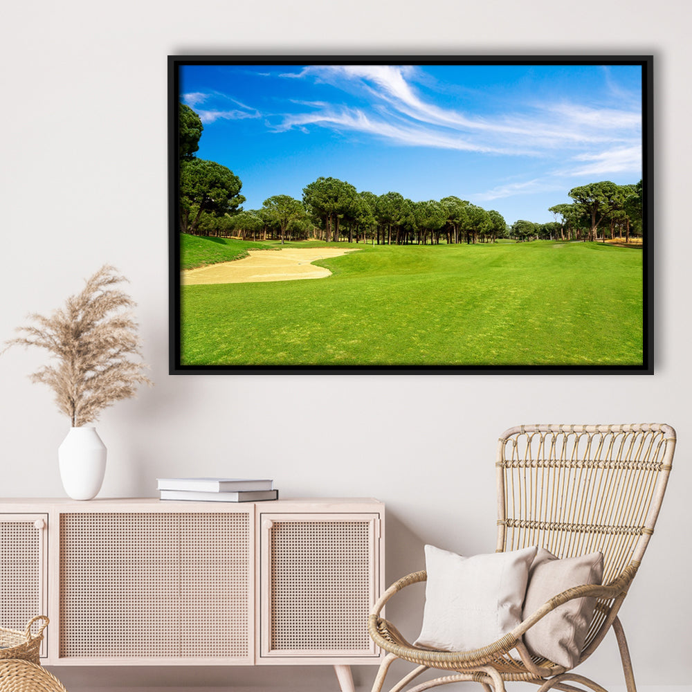 Scenic Panoramic View Of Golf Fairway At The Golf, Floating Framed Canvas Print Wall Art