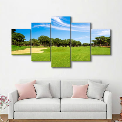 Scenic Panoramic View Of Golf Fairway At The Golf, Golf Art Print, 5 Pieces Mixed Canvas Print Wall Art