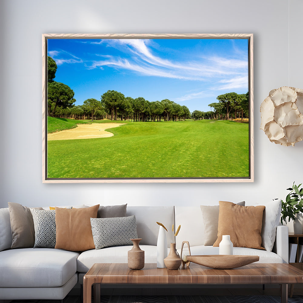 Scenic Panoramic View Of Golf Fairway At The Golf, Floating Framed Canvas Print Wall Art