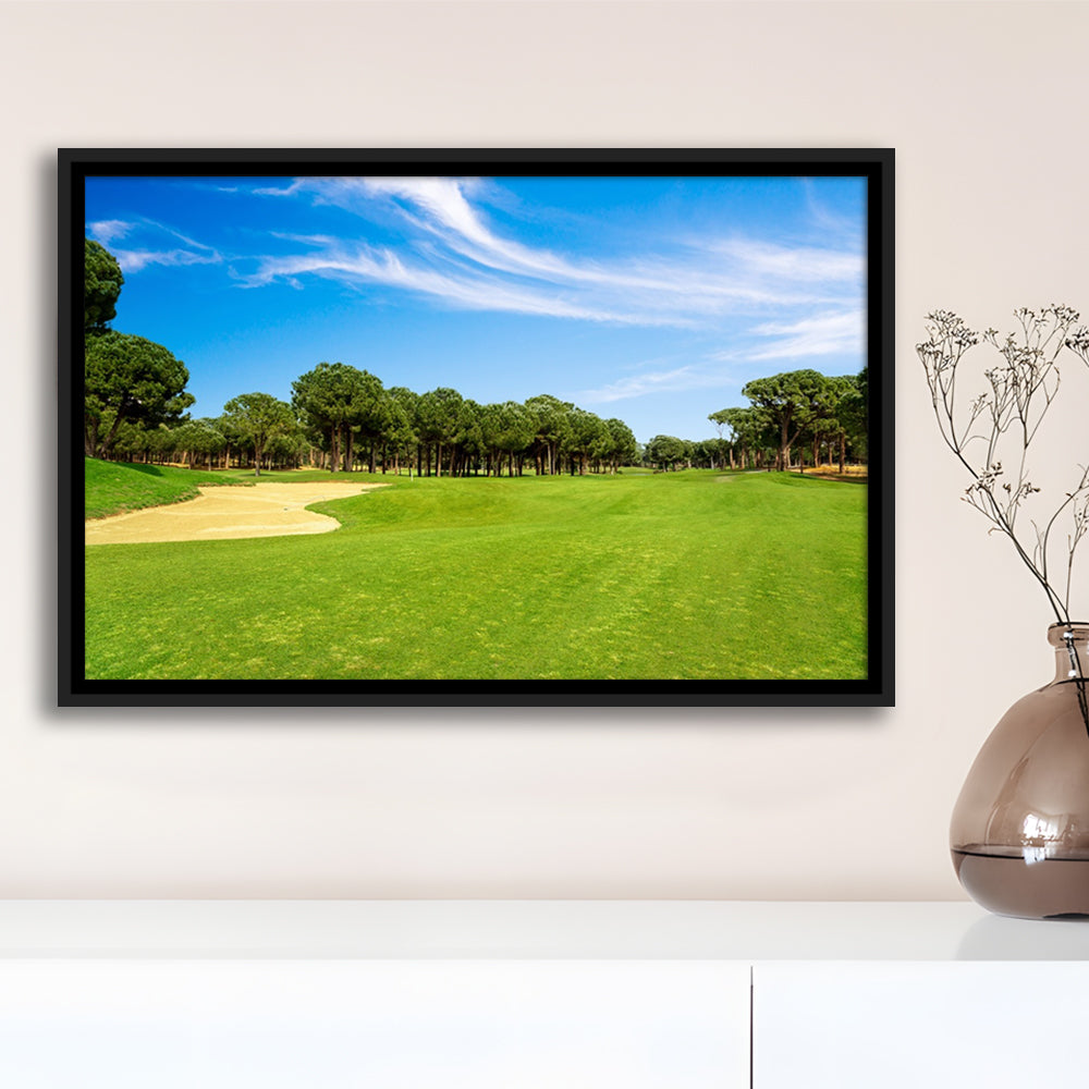 Scenic Panoramic View Of Golf Fairway At The Golf, Floating Framed Canvas Print Wall Art