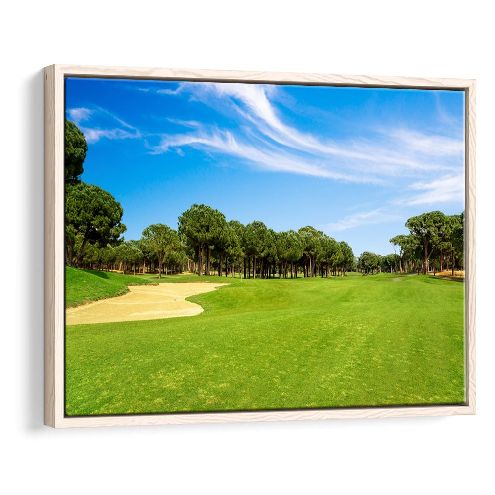 Scenic Panoramic View Of Golf Fairway At The Golf, Floating Framed Canvas Print Wall Art