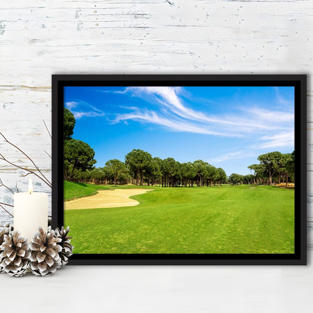 Scenic Panoramic View Of Golf Fairway At The Golf, Floating Framed Canvas Print Wall Art