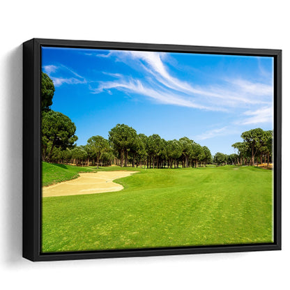 Scenic Panoramic View Of Golf Fairway At The Golf, Floating Framed Canvas Print Wall Art