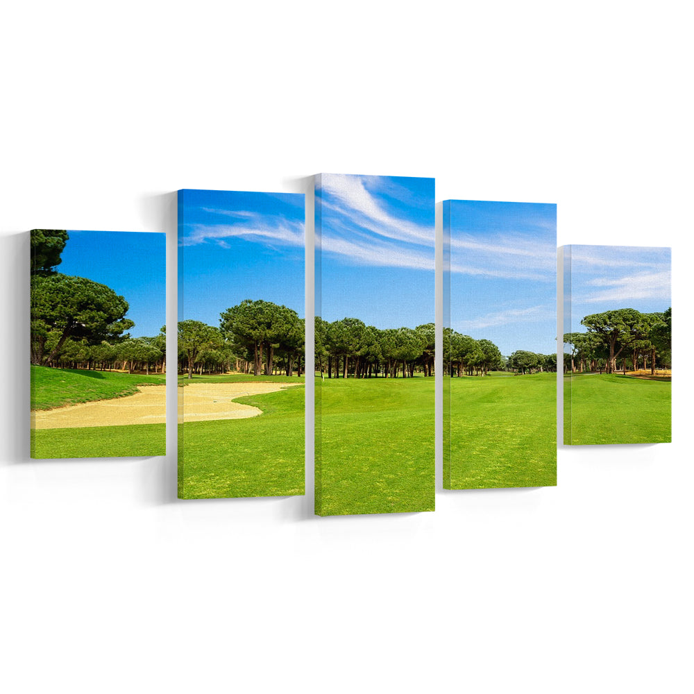 Scenic Panoramic View Of Golf Fairway At The Golf, Golf Art Print, 5 Pieces Mixed Canvas Print Wall Art