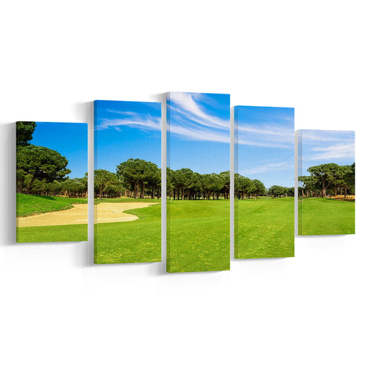 Scenic Panoramic View Of Golf Fairway At The Golf, Golf Art Print, 5 Pieces Mixed Canvas Print Wall Art