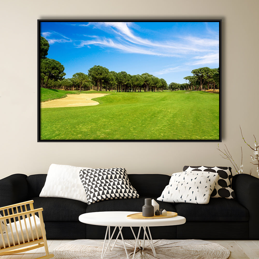 Scenic Panoramic View Of Golf Fairway At The Golf, Floating Framed Canvas Print Wall Art