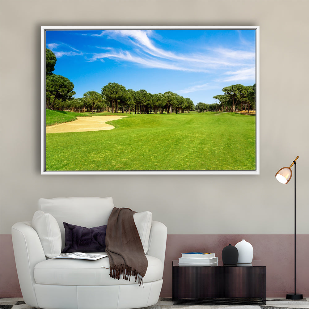 Scenic Panoramic View Of Golf Fairway At The Golf, Floating Framed Canvas Print Wall Art
