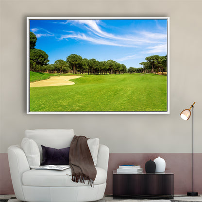 Scenic Panoramic View Of Golf Fairway At The Golf, Floating Framed Canvas Print Wall Art