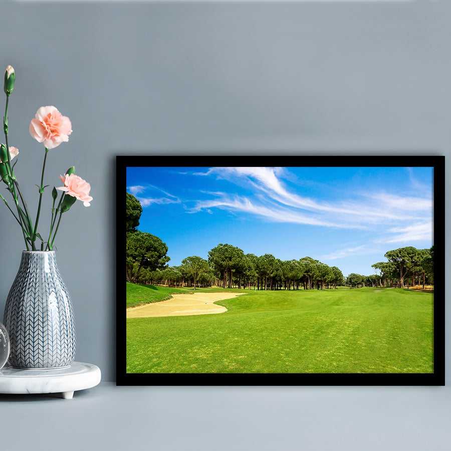 Scenic Panoramic View Of Golf Fairway At The Golf, Framed Art Print Wall Decor, Picture Framed