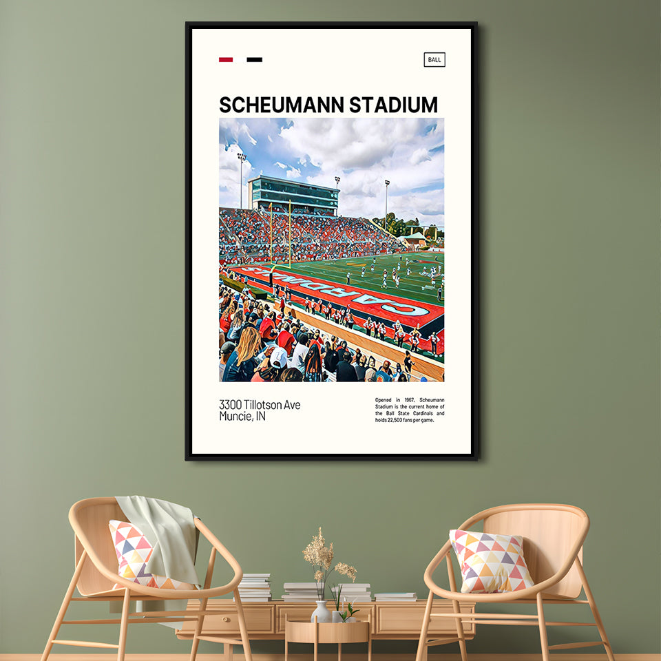 Scheumann Stadium Print, Ball State Cardinals Stadium Canvas Art, Man Cave Gift, Floating Framed Canvas Print Wall Art