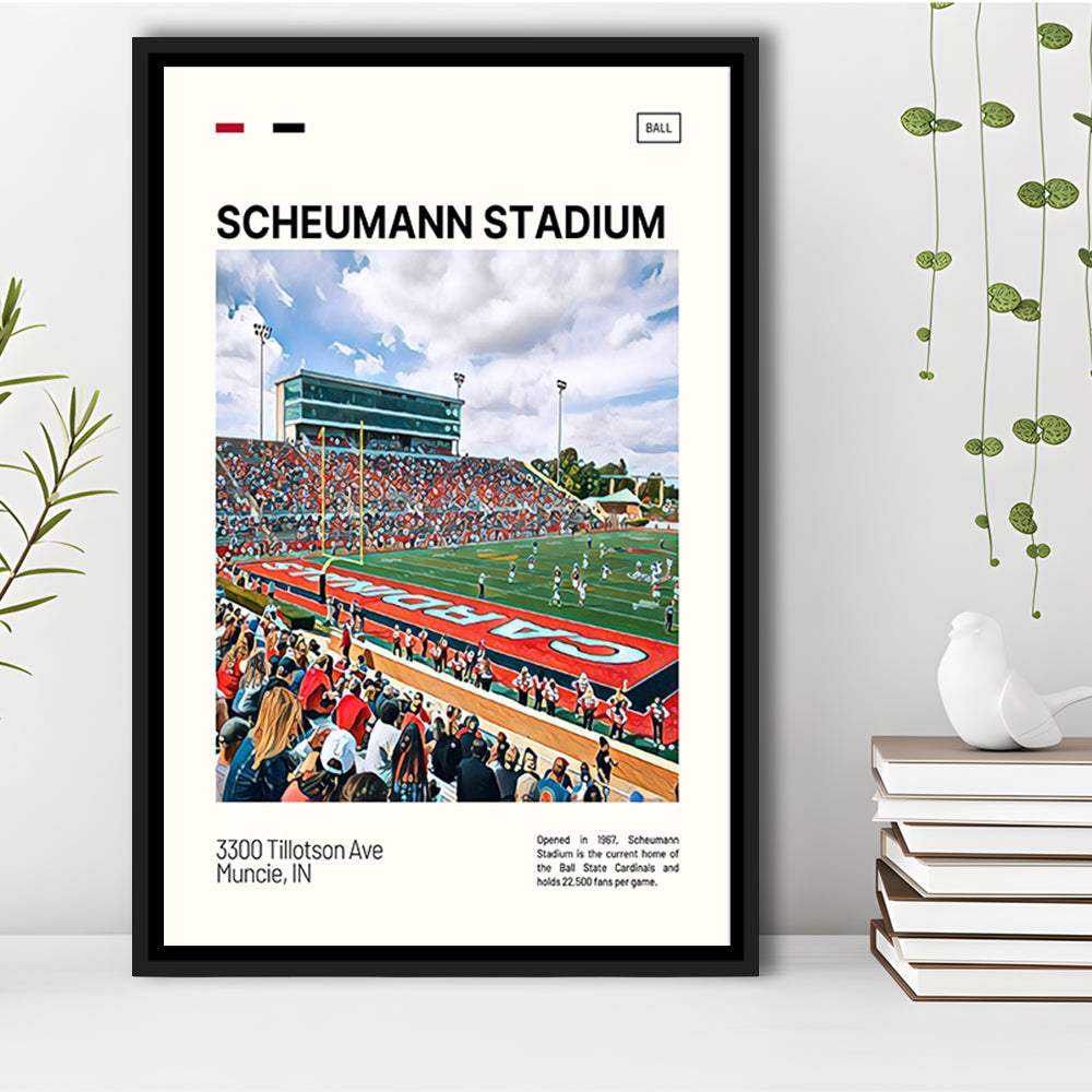 Scheumann Stadium Print, Ball State Cardinals Stadium Canvas Art, Man Cave Gift, Floating Framed Canvas Print Wall Art