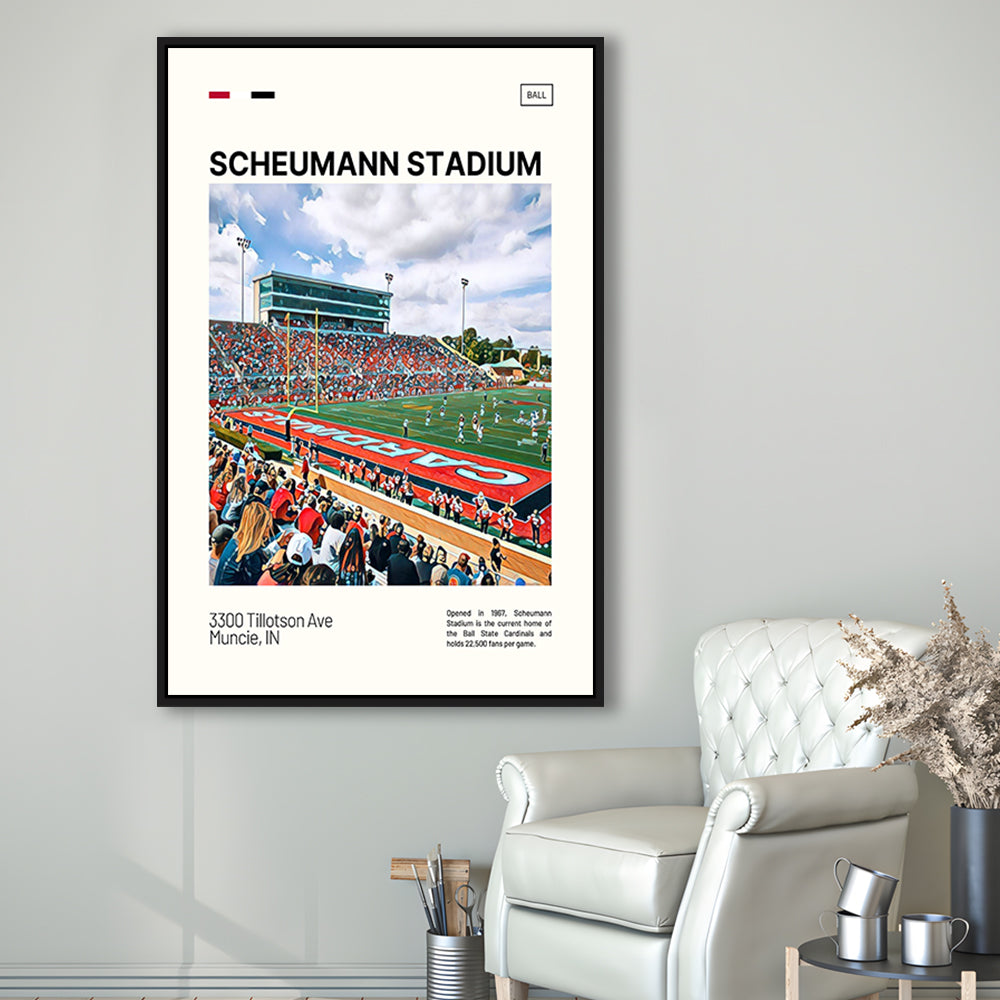 Scheumann Stadium Print, Ball State Cardinals Stadium Canvas Art, Man Cave Gift, Floating Framed Canvas Print Wall Art
