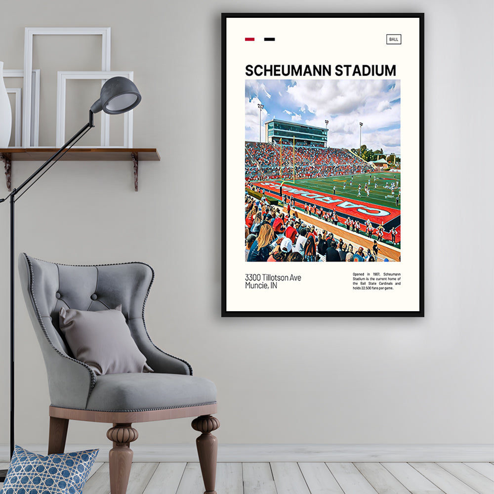 Scheumann Stadium Print, Ball State Cardinals Stadium Canvas Art, Man Cave Gift, Floating Framed Canvas Print Wall Art