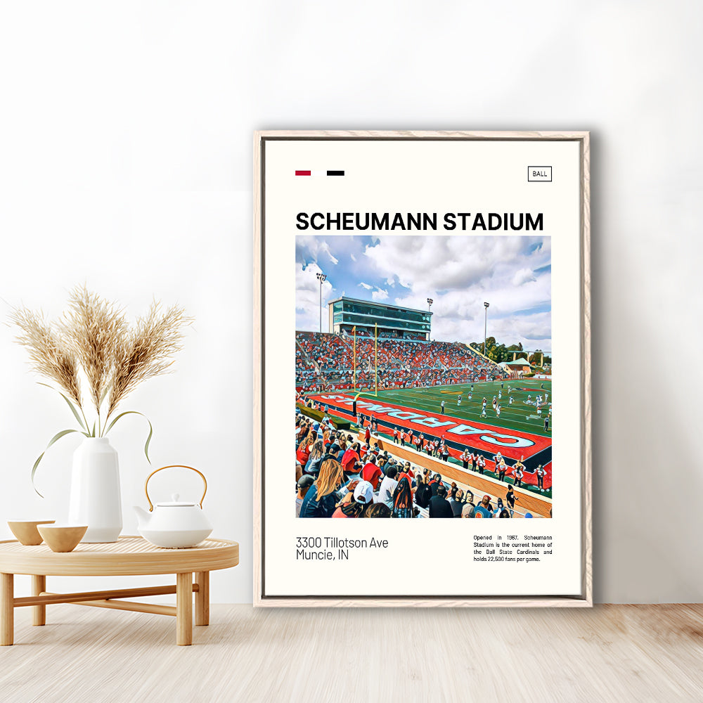 Scheumann Stadium Print, Ball State Cardinals Stadium Canvas Art, Man Cave Gift, Floating Framed Canvas Print Wall Art