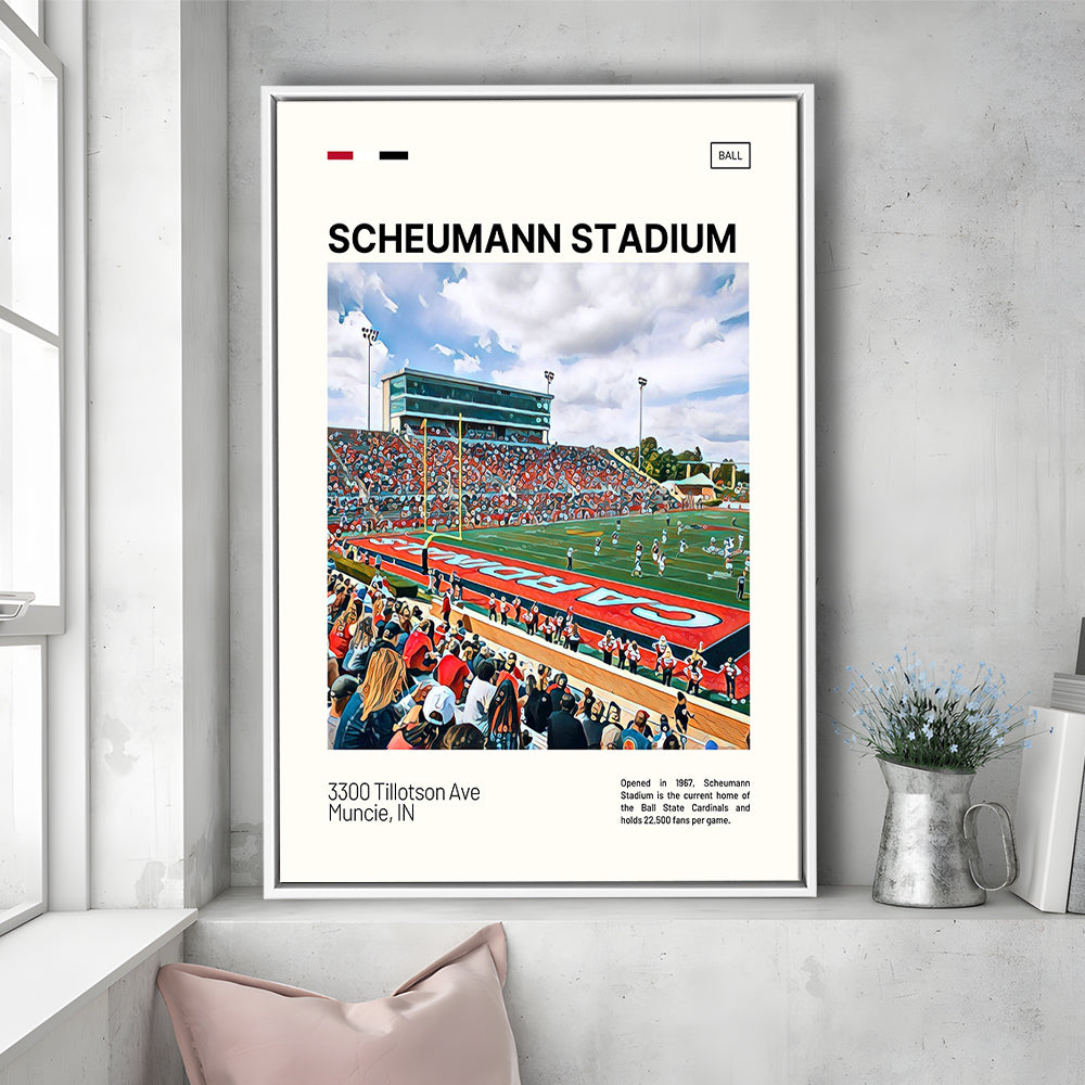 Scheumann Stadium Print, Ball State Cardinals Stadium Canvas Art, Man Cave Gift, Floating Framed Canvas Print Wall Art