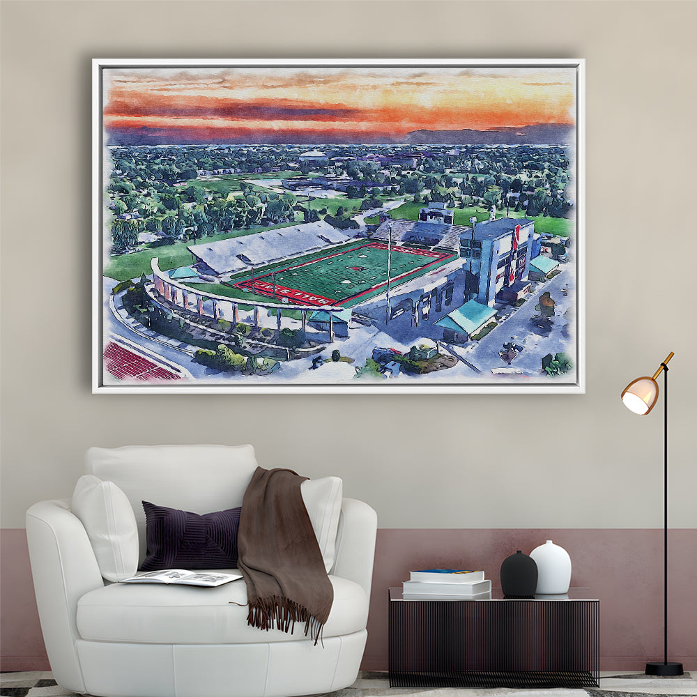 Scheumann Painting Stadium Watercolor, Muncie Indiana Watercolor, Sport Gift Art, Framed Canvas Print Wall Art