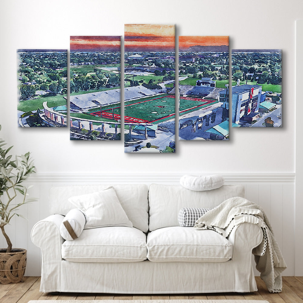 Scheumann Painting Stadium Watercolor, Muncie Indiana Watercolor, Sport Art, Mixed 5 Panel, Canvas Print Wall Art
