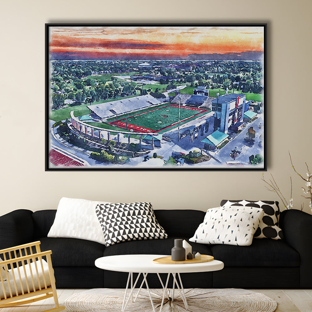 Scheumann Painting Stadium Watercolor, Muncie Indiana Watercolor, Sport Gift Art, Framed Canvas Print Wall Art